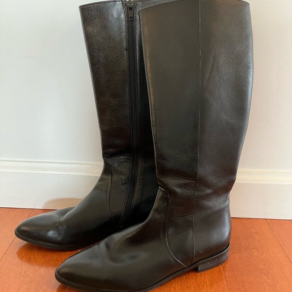 Mid-Calf length Black Genuine Leather Riding Boots, Side Zipper - Size 7